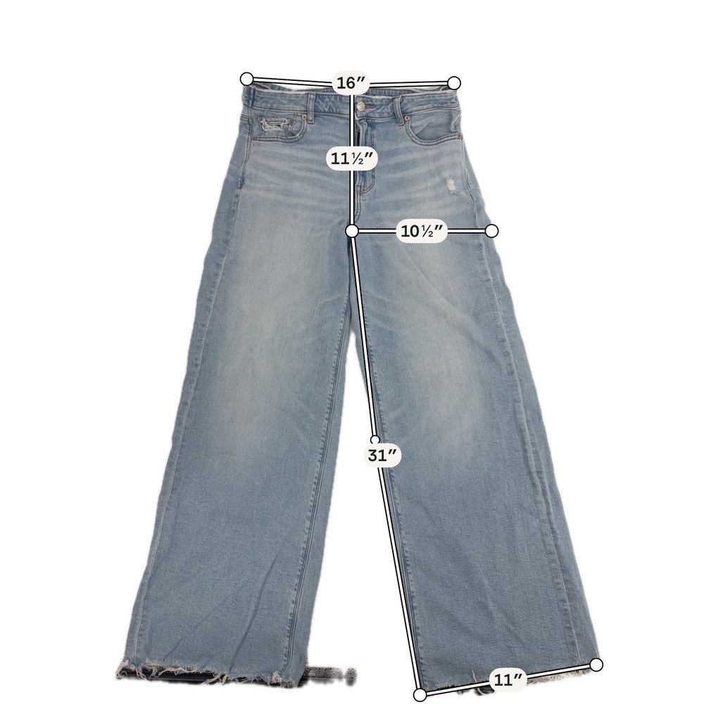 American Eagle Baggy Wide Leg Jeans Womens 10 Blue Super High Rise Raw Hem - Picture 6 of 9